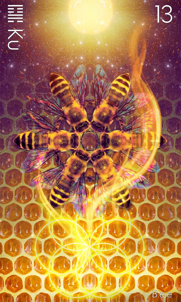 Iching Illushtration heaven over fire featuring a sun above and flames below a formation of 6 bees in a circle