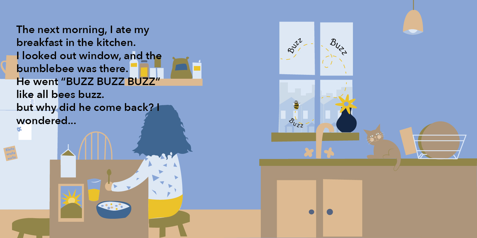 A 2 page spread of "the Bee Who Came To See Me" Children's book depicts a child sitting at the kitchen table, hist head turned toward the window