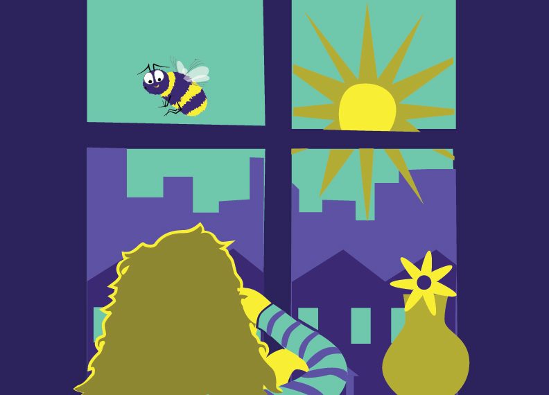 Children's book illustration of a kid looking at a bee outide his urban apartment window under the early evening sun