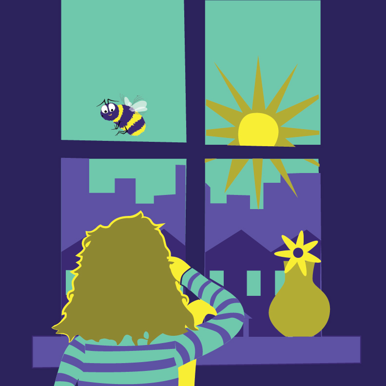 Children's book illustration of a kid looking at a bee outide his urban apartment window under the early evening sun