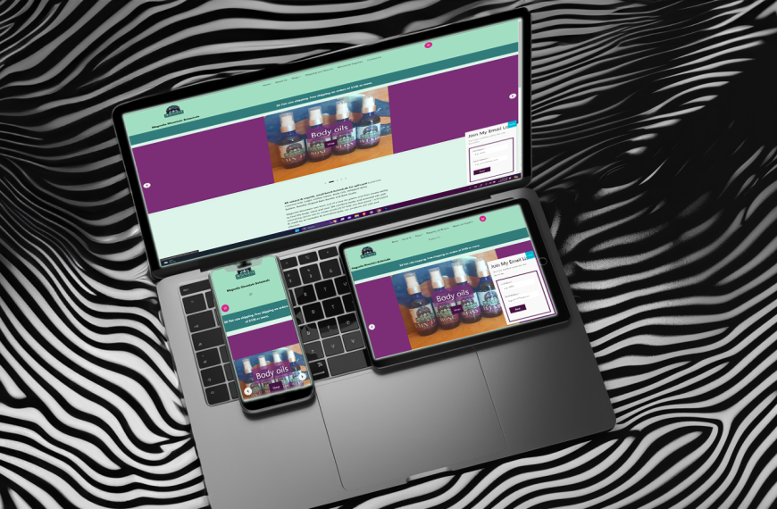 laptop, tablet and phone displaying responsive design of a colorful website on a black and white op art background